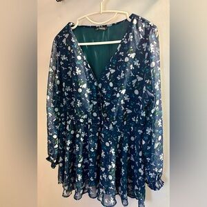 Floral Wrap Elastic Waist Mesh Patchwork Blouse